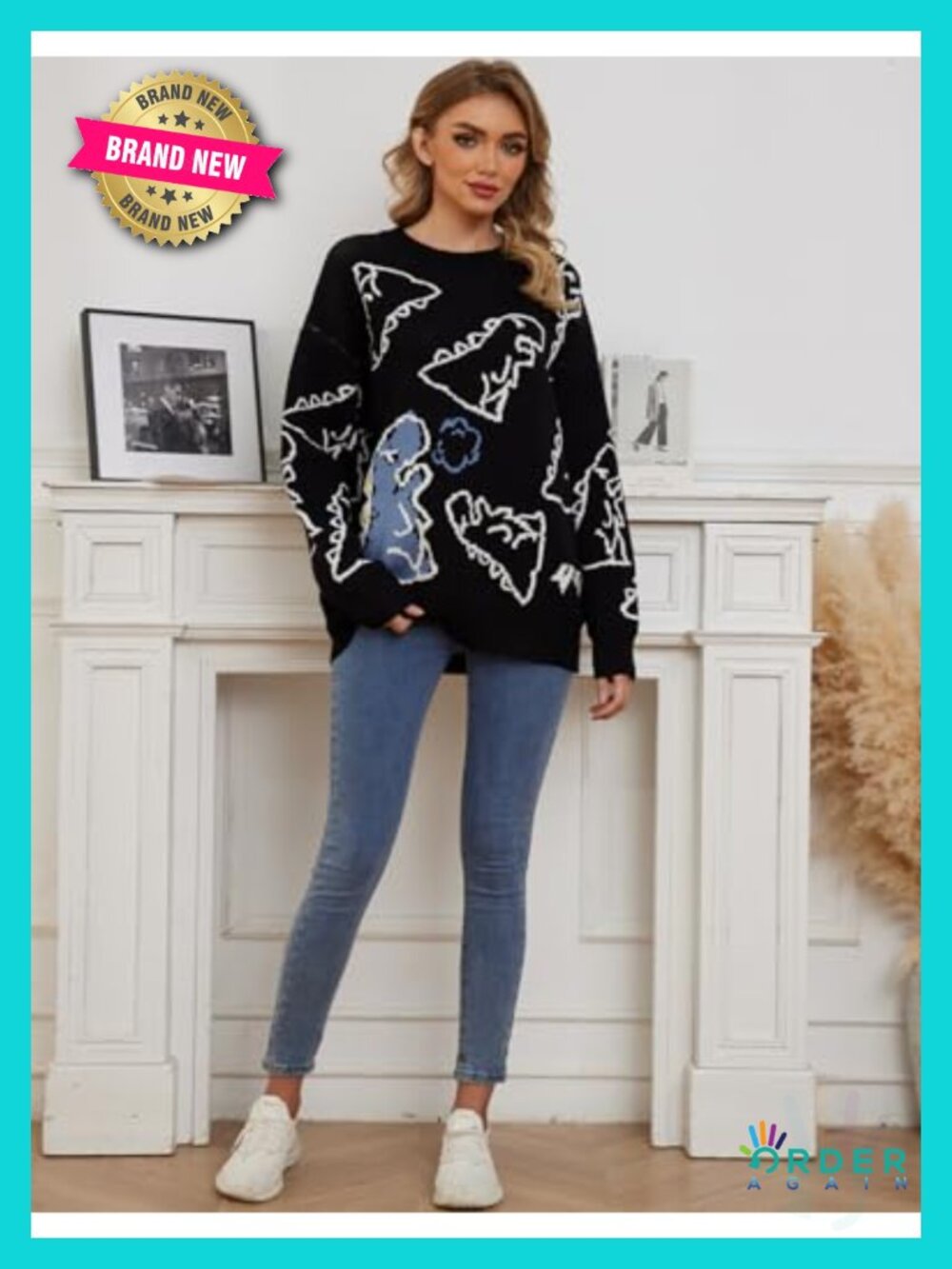 Dinosaur Graphic Knit Sweater Oversized Streetwear Pullover - Picture 3 of 6